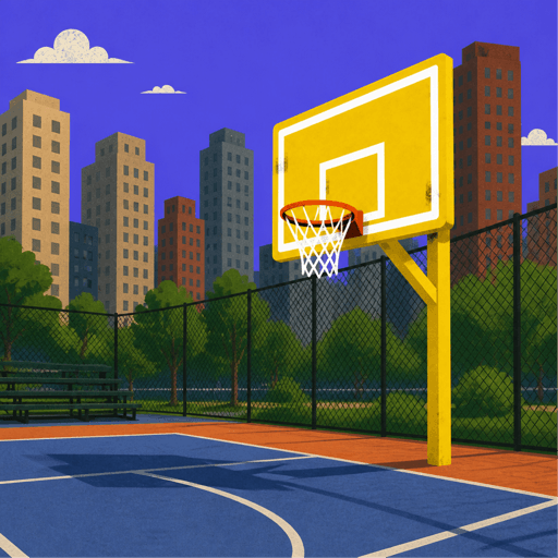 Cancha de baloncesto urbana al atardecer