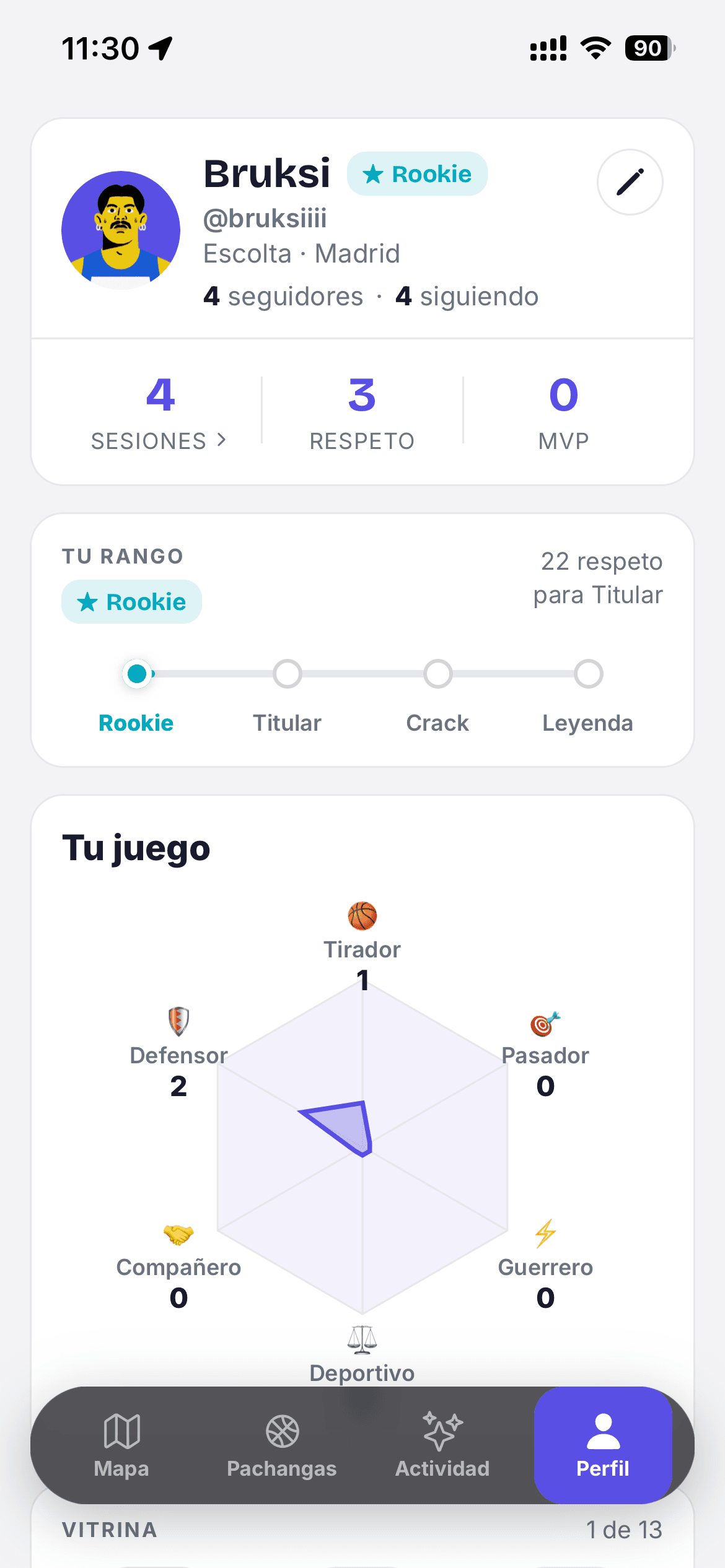 Perfil de jugador en Rookie, con rango y gráfico de araña